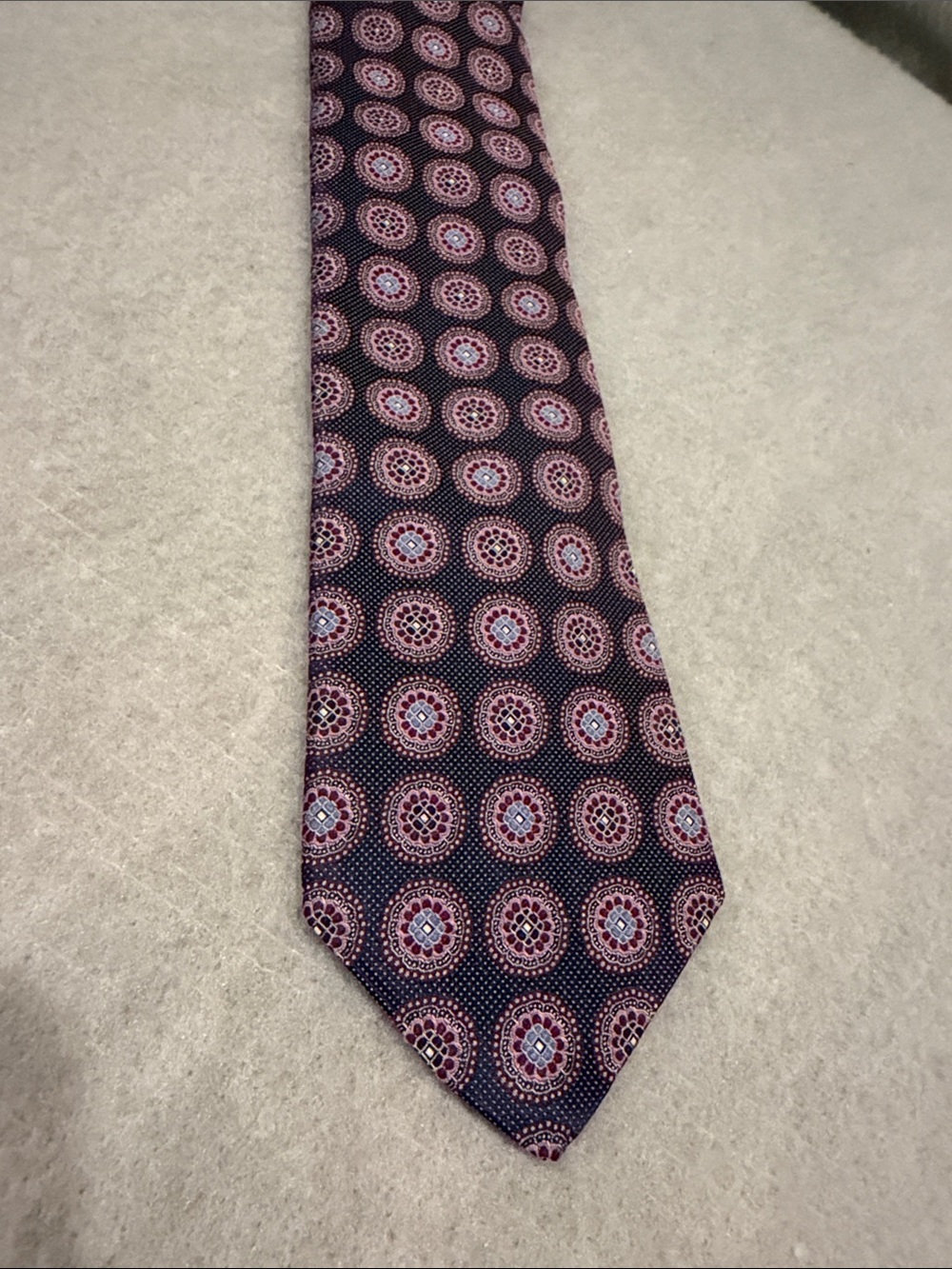 Classic Navy Silk Tie with Pink Medallion Design